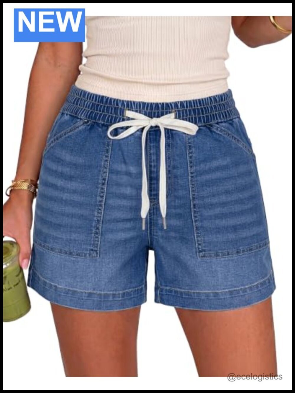High Waisted Drawstring Jorts Elastic Waist Pull On Stretchy Denim Shorts with